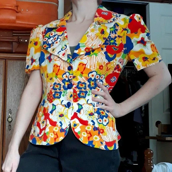 70s Handmade Floral Blazer Jacket / Top Groovy Pop Art Psychedelic Colorful - Picture 5 of 16